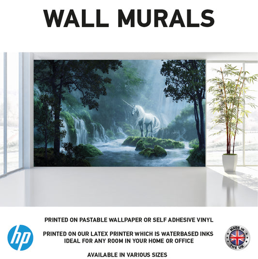 WM0091 Majestic White Unicorn in Water Wall Murals WallPaper Print Decal sticker