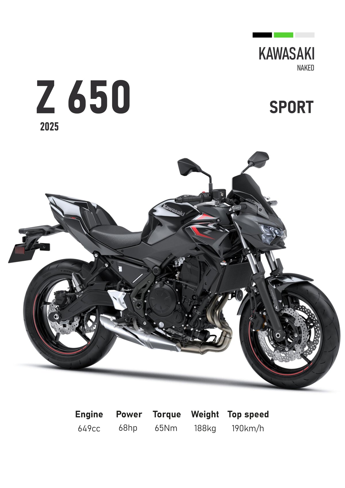 Kawasaki Z650 (2025) Motorbike Poster Printed | Premium Waterproof & Tear Resistant Full Colour Posters