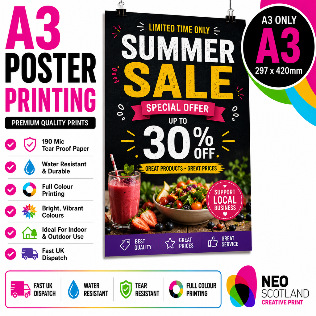 A4 to A0 Poster Printing | Premium Waterproof & Tear Resistant Full Colour Posters