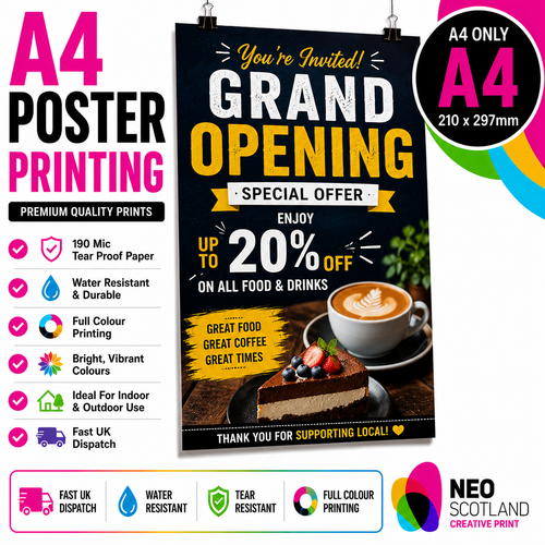 A4 to A0 Cafe Poster Printing | Premium Waterproof & Tear Resistant Full Colour Posters