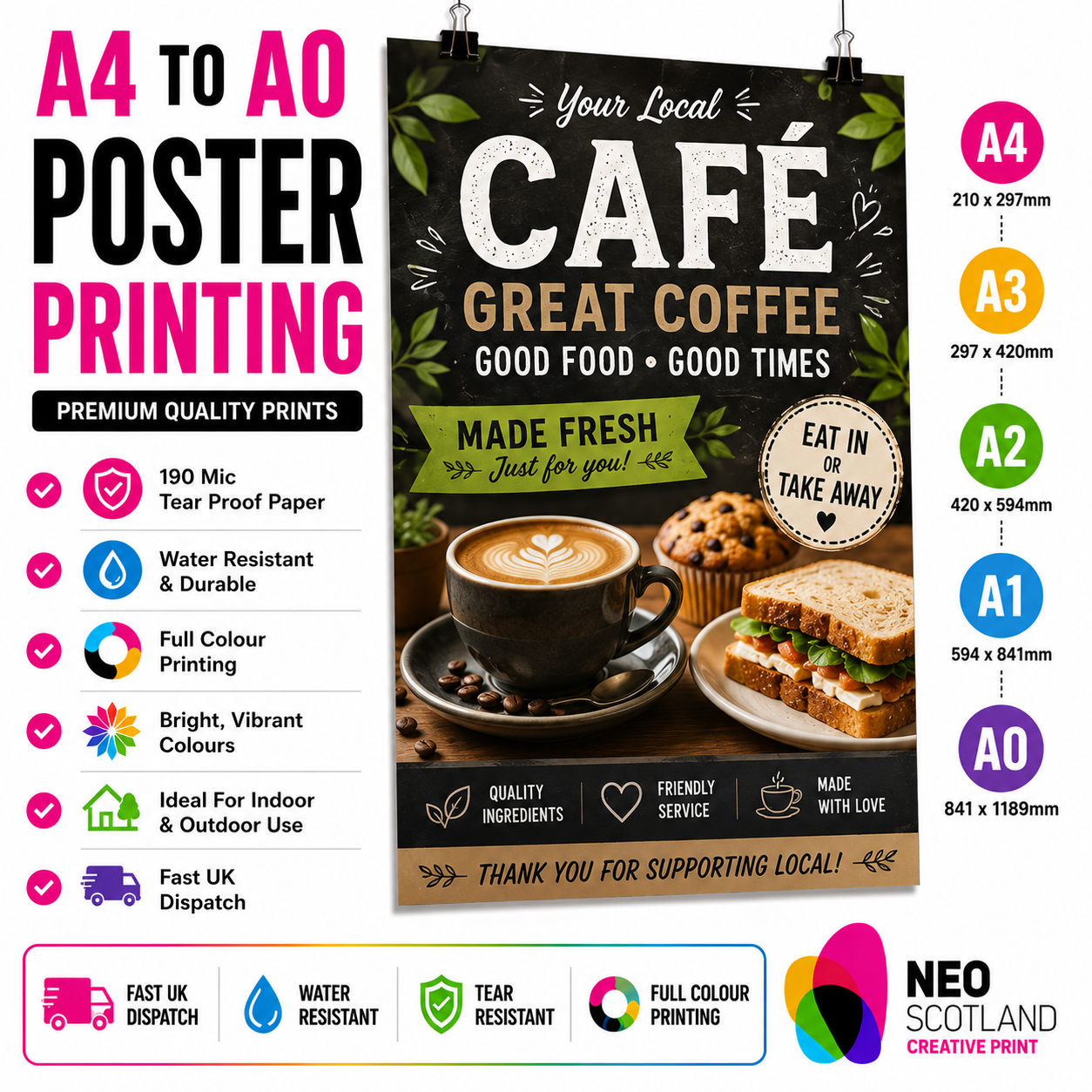 A4 to A0 Cafe Poster Printing | Premium Waterproof & Tear Resistant Full Colour Posters