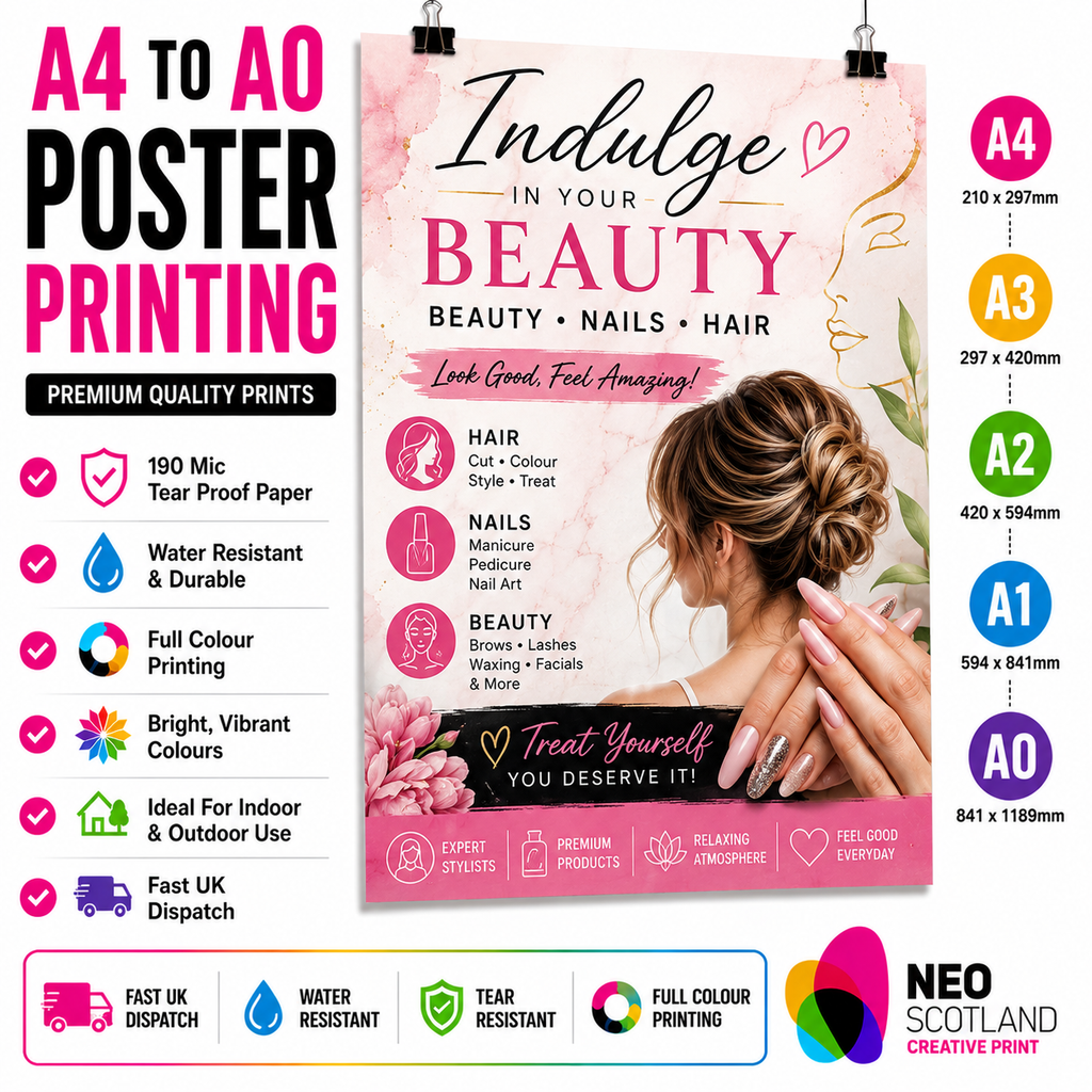 A4 to A0 Beauty Poster Printing | Premium Waterproof & Tear Resistant Full Colour Posters