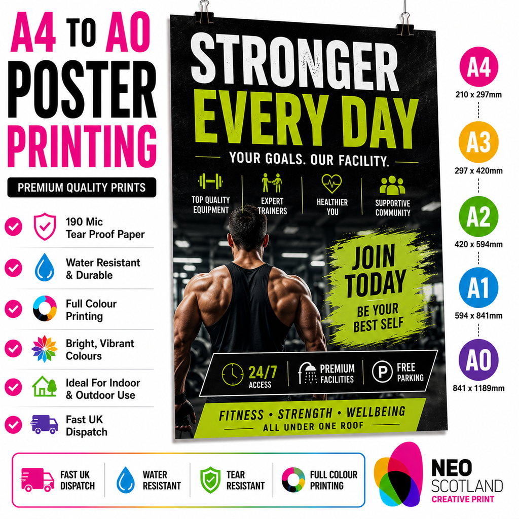 A4 to A0 Gym Poster Printing | Premium Waterproof & Tear Resistant Full Colour Posters