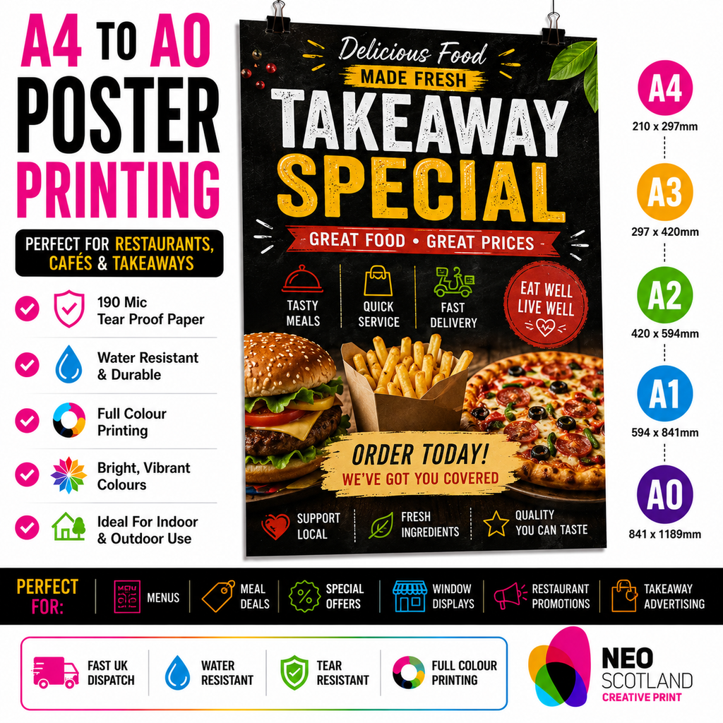 A4 to A0 Takeaway Poster Printing | Premium Waterproof & Tear Resistant Full Colour Posters