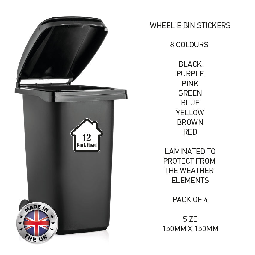 BIN01 Wheelie Bin x4 Custom Number and Street Name Stickers 150mm x 150m