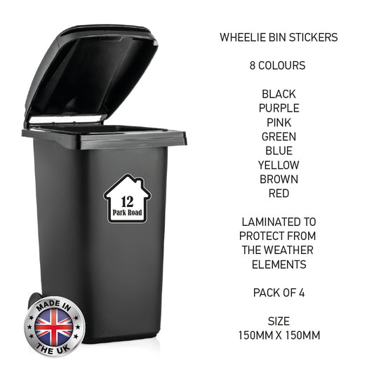 BIN01 Wheelie Bin x4 Custom Number and Street Name Stickers 150mm x 150m