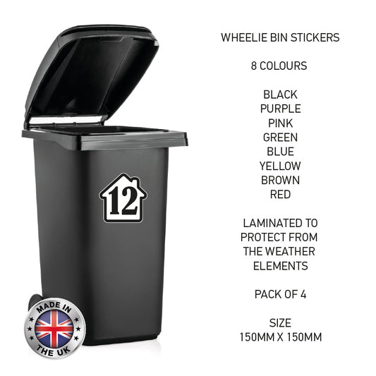 BIN02 Wheelie Bin x4 Number Rubbish Garbage Custom Stickers 150mm x 150m