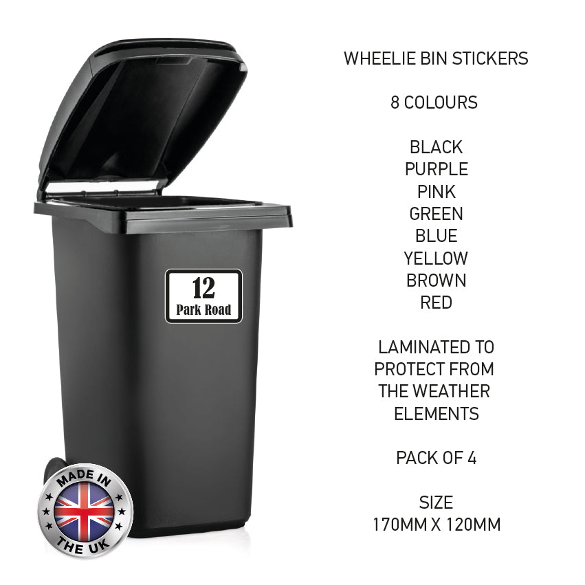 BIN03 Wheelie Bin x4 Custom Number and Street Name Stickers 170mm x 120m