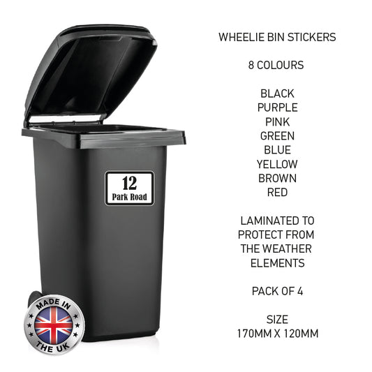 BIN03 Wheelie Bin x4 Custom Number and Street Name Stickers 170mm x 120m