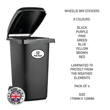 BIN04 Wheelie Bin x4 Custom Number and Street Name Oval Stickers 170mm x 120m