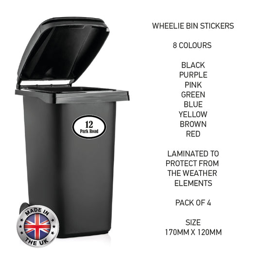 BIN04 Wheelie Bin x4 Custom Number and Street Name Oval Stickers 170mm x 120m