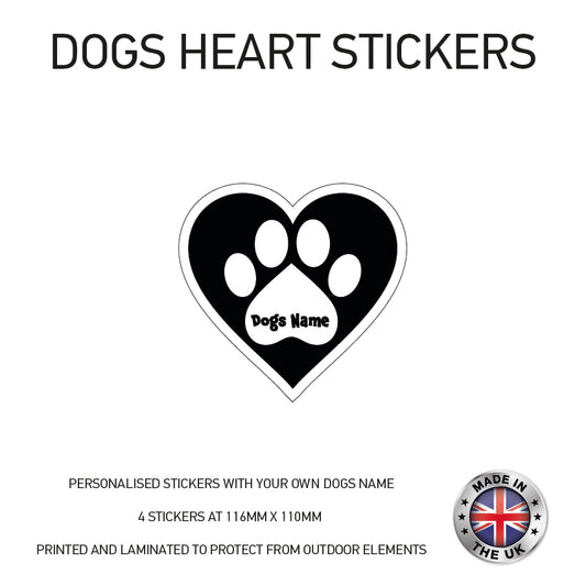 DHS01 4 x Personalised Heart Paw Dog Name Stickers 116mm x 110mm