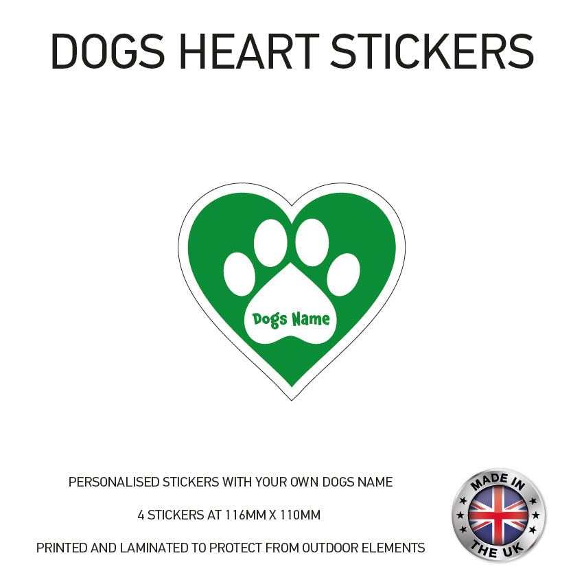 DHS01 4 x Personalised Heart Paw Dog Name Stickers 116mm x 110mm