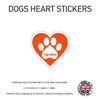DHS01 4 x Personalised Heart Paw Dog Name Stickers 116mm x 110mm