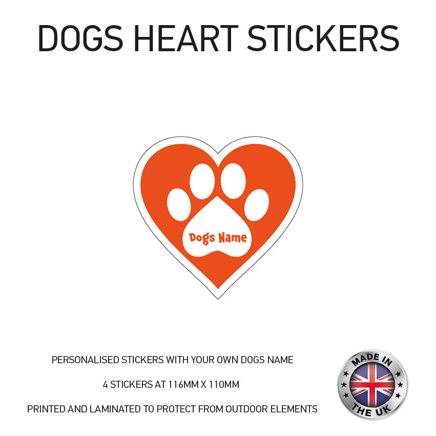 DHS01 4 x Personalised Heart Paw Dog Name Stickers 116mm x 110mm