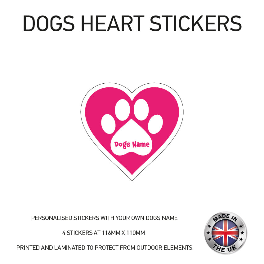 DHS01 4 x Personalised Heart Paw Dog Name Stickers 116mm x 110mm