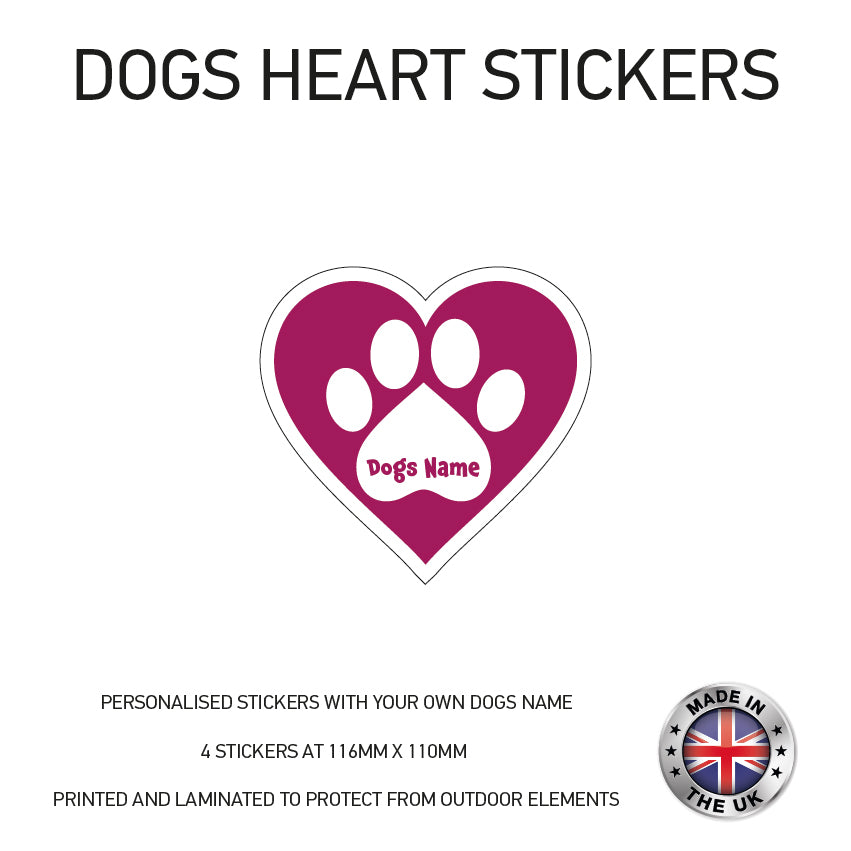 DHS01 4 x Personalised Heart Paw Dog Name Stickers 116mm x 110mm