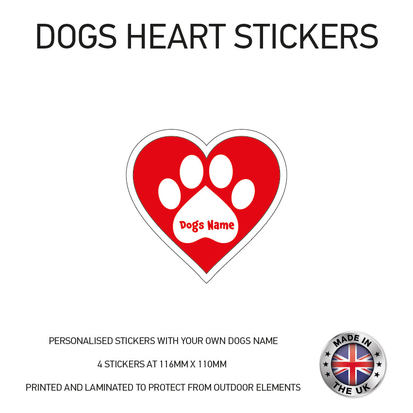 DHS01 4 x Personalised Heart Paw Dog Name Stickers 116mm x 110mm