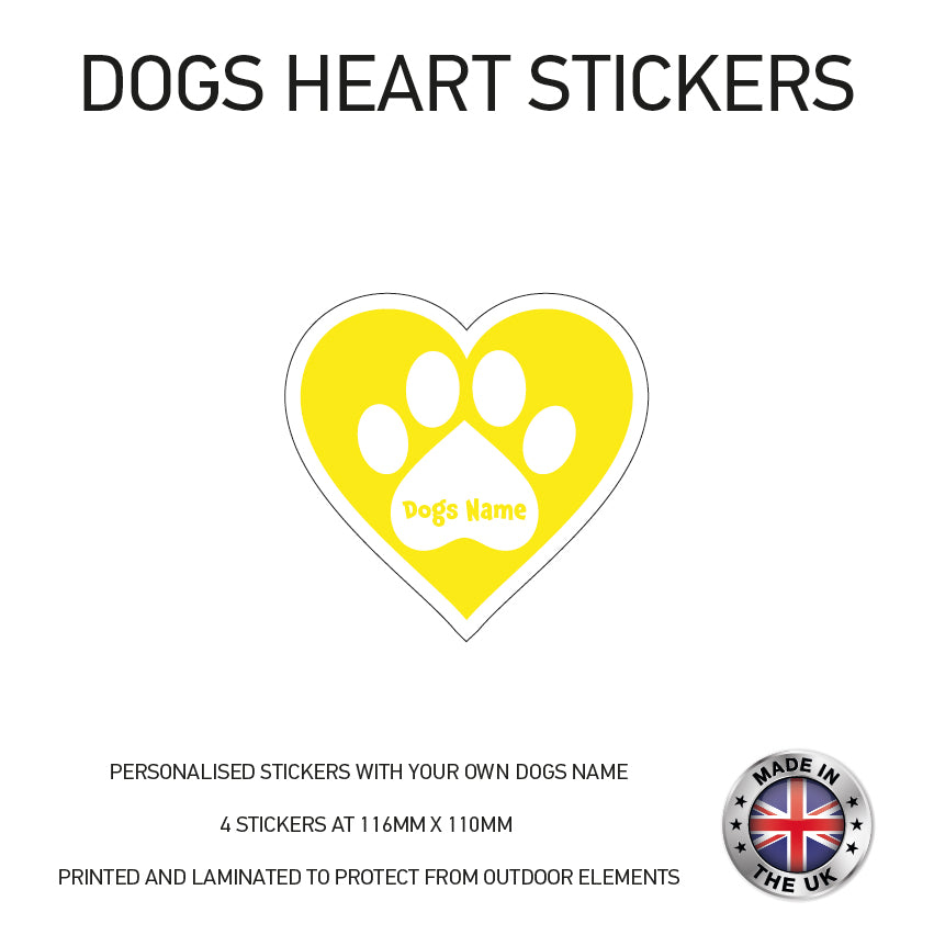 DHS01 4 x Personalised Heart Paw Dog Name Stickers 116mm x 110mm