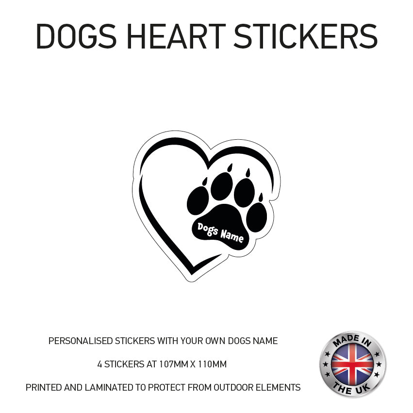 DHS02 4 x Personalised Heart Paw Dog Name Stickers 107mm x 110mm