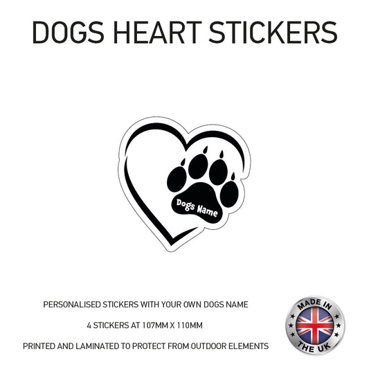 DHS02 4 x Personalised Heart Paw Dog Name Stickers 107mm x 110mm