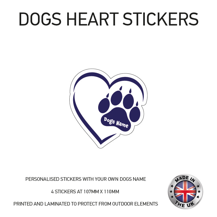 DHS02 4 x Personalised Heart Paw Dog Name Stickers 107mm x 110mm