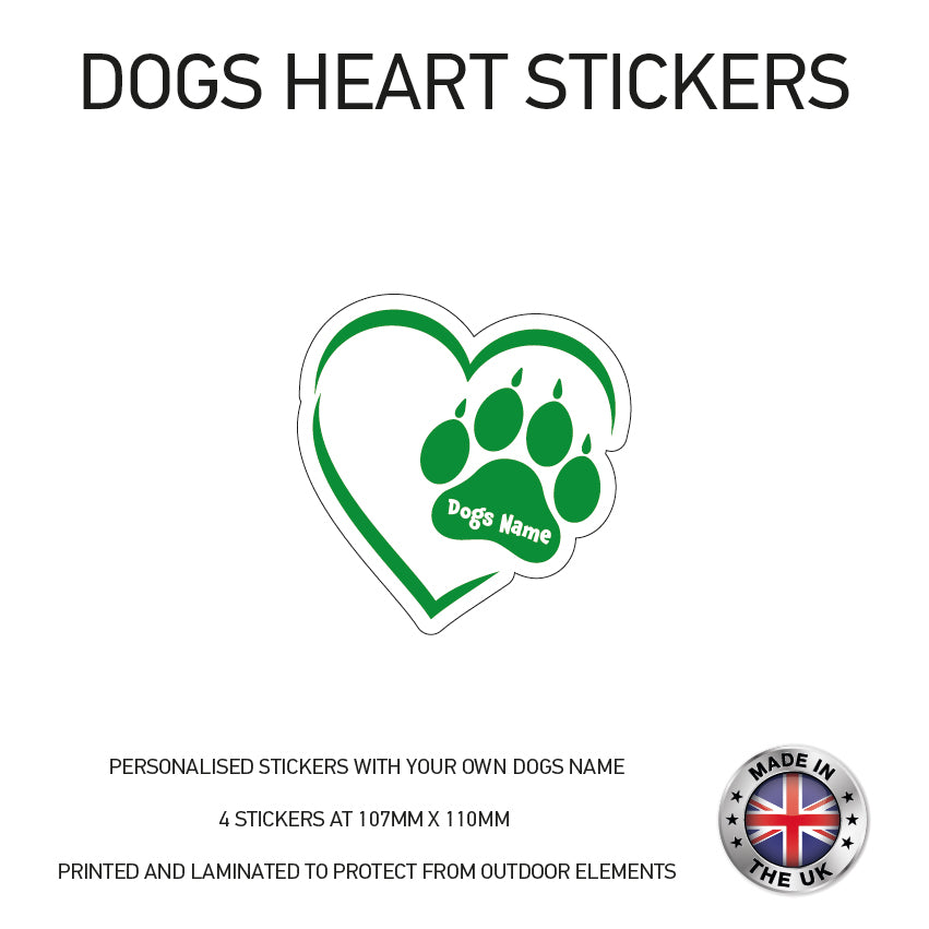 DHS02 4 x Personalised Heart Paw Dog Name Stickers 107mm x 110mm