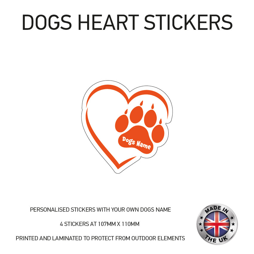 DHS02 4 x Personalised Heart Paw Dog Name Stickers 107mm x 110mm