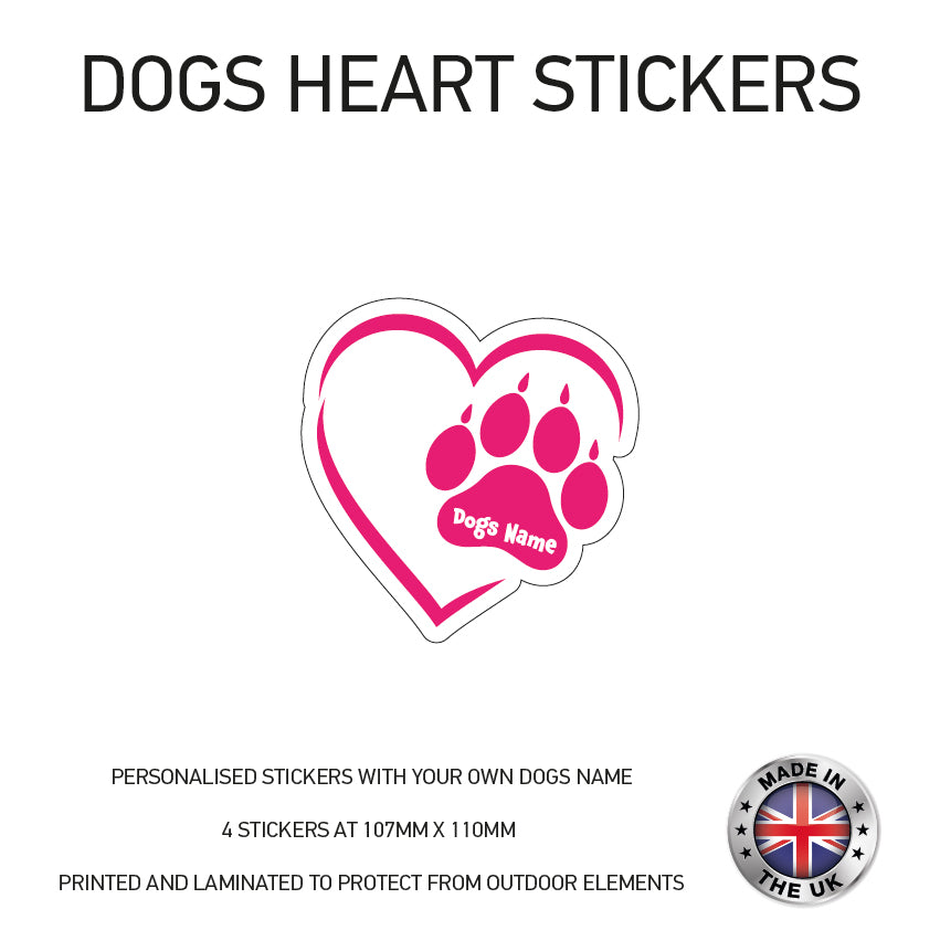 DHS02 4 x Personalised Heart Paw Dog Name Stickers 107mm x 110mm
