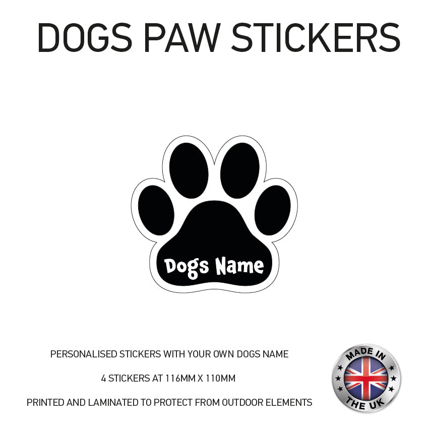 DPS01 4 x Personalised Paw Dog Name Stickers 116mm x 110mm