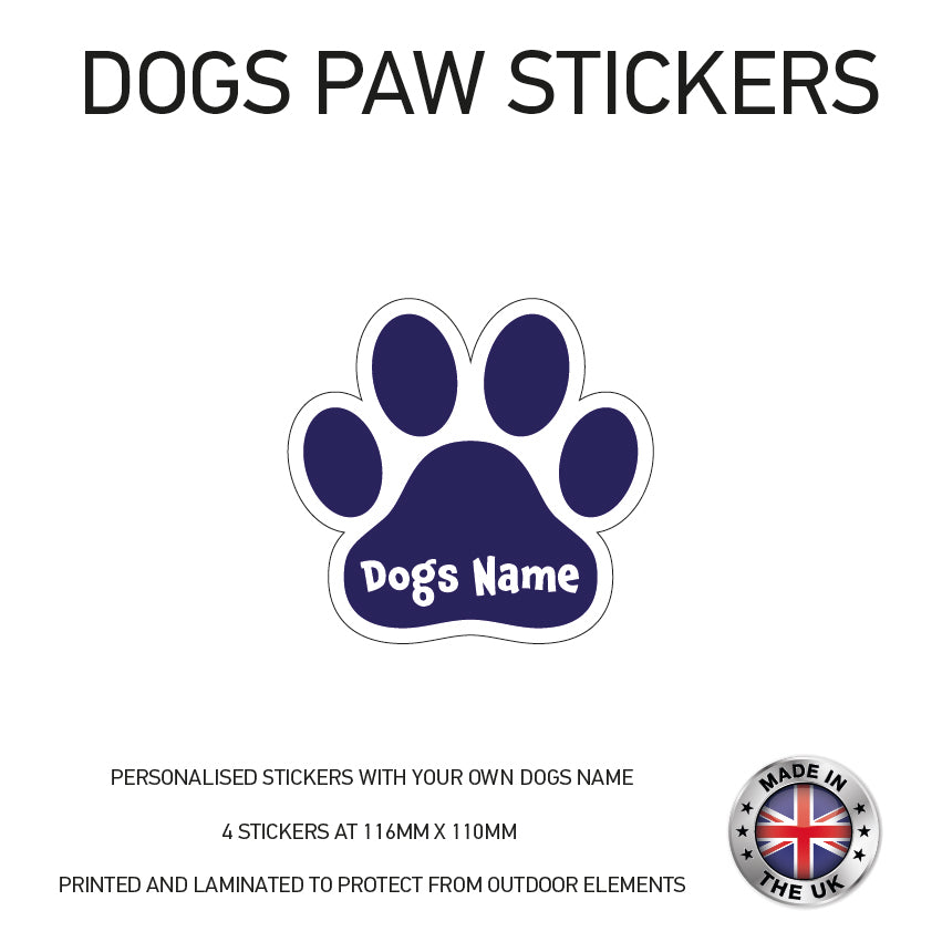 DPS01 4 x Personalised Paw Dog Name Stickers 116mm x 110mm