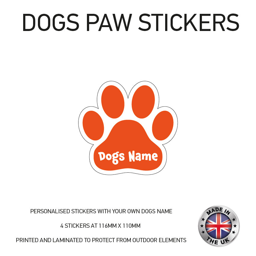 DPS01 4 x Personalised Paw Dog Name Stickers 116mm x 110mm