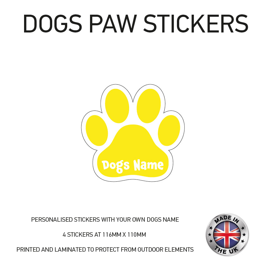 DPS01 4 x Personalised Paw Dog Name Stickers 116mm x 110mm