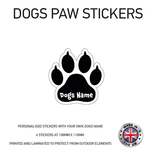 DPS02 4 x Personalised Paw Dog Name Stickers 108mm x 110mm