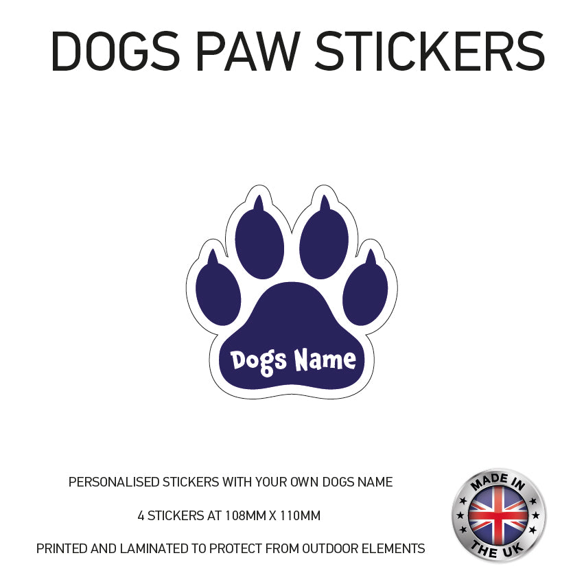 DPS02 4 x Personalised Paw Dog Name Stickers 108mm x 110mm