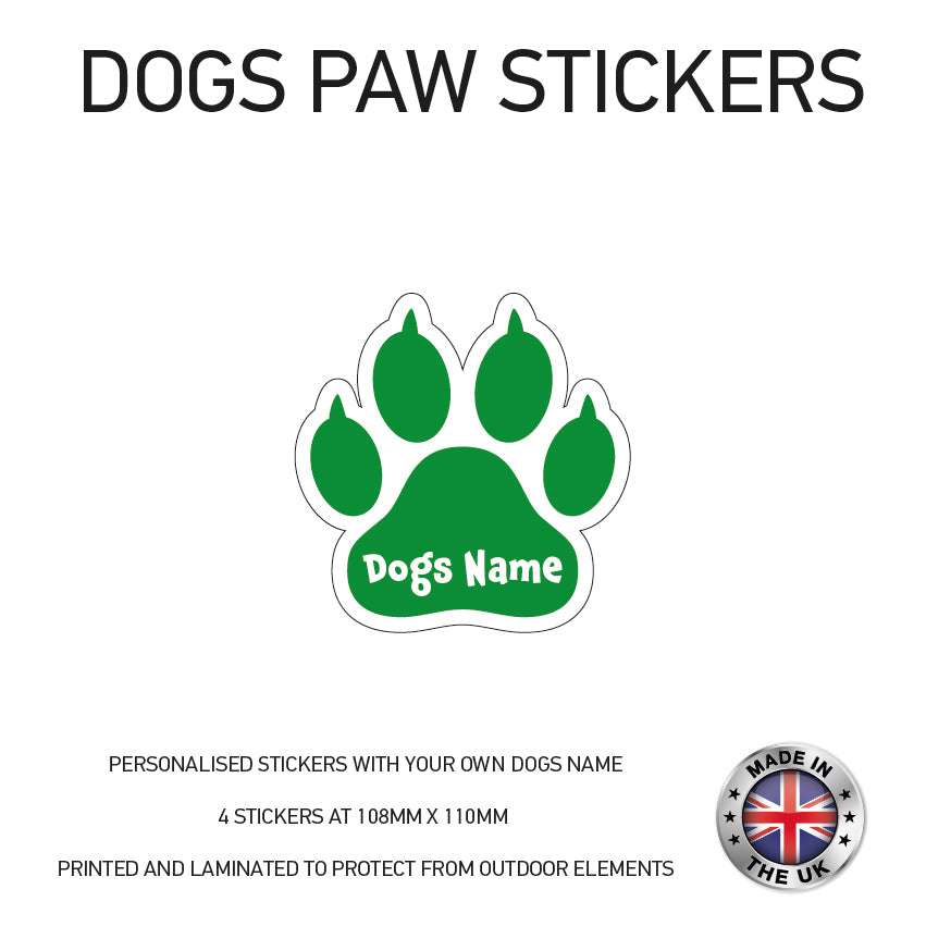 DPS02 4 x Personalised Paw Dog Name Stickers 108mm x 110mm