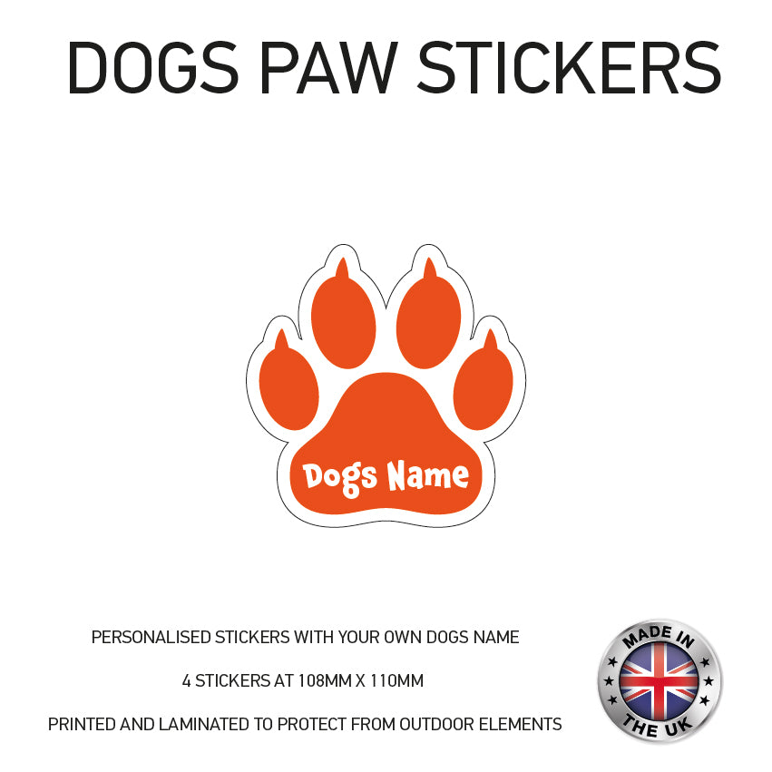 DPS02 4 x Personalised Paw Dog Name Stickers 108mm x 110mm