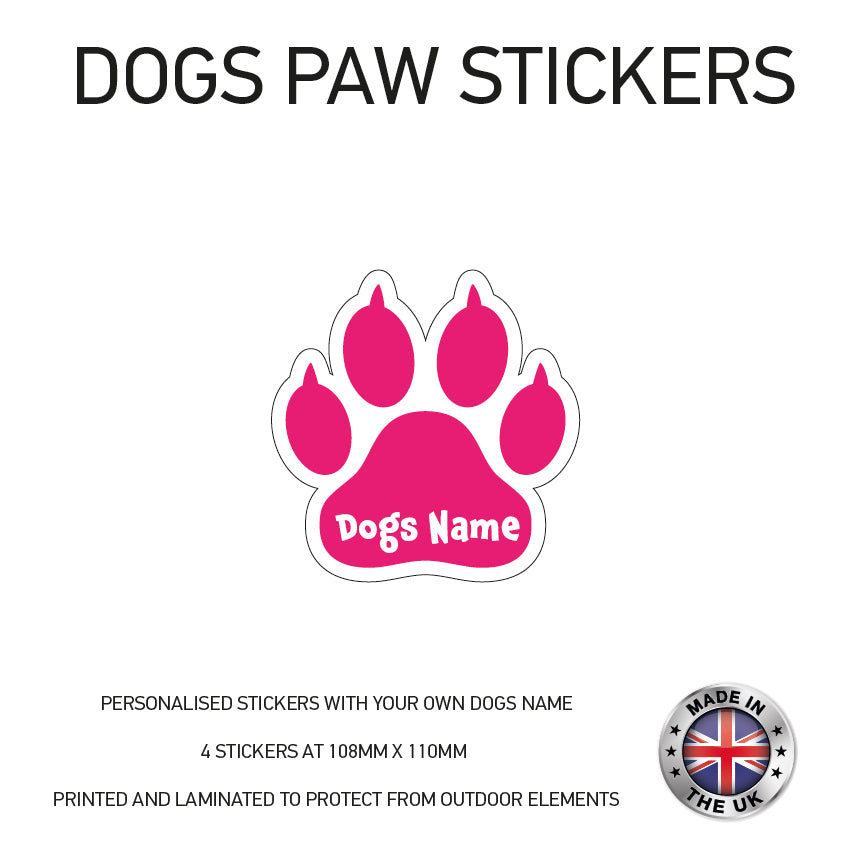 DPS02 4 x Personalised Paw Dog Name Stickers 108mm x 110mm