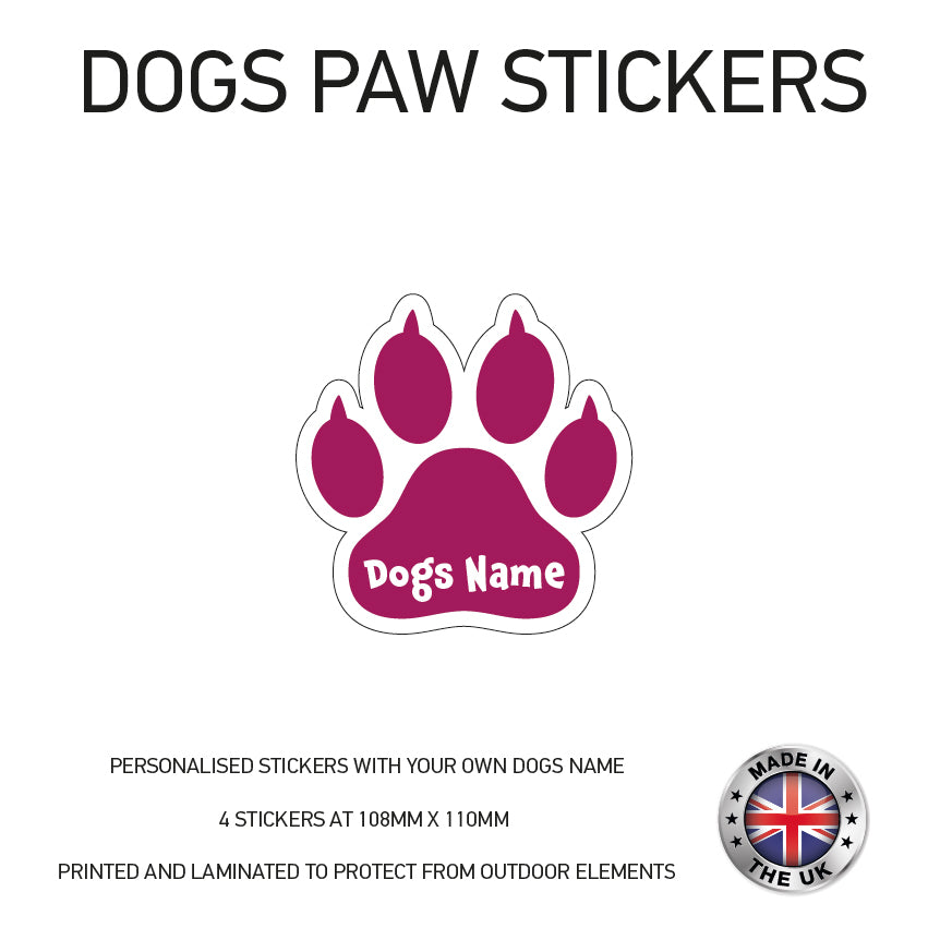 DPS02 4 x Personalised Paw Dog Name Stickers 108mm x 110mm
