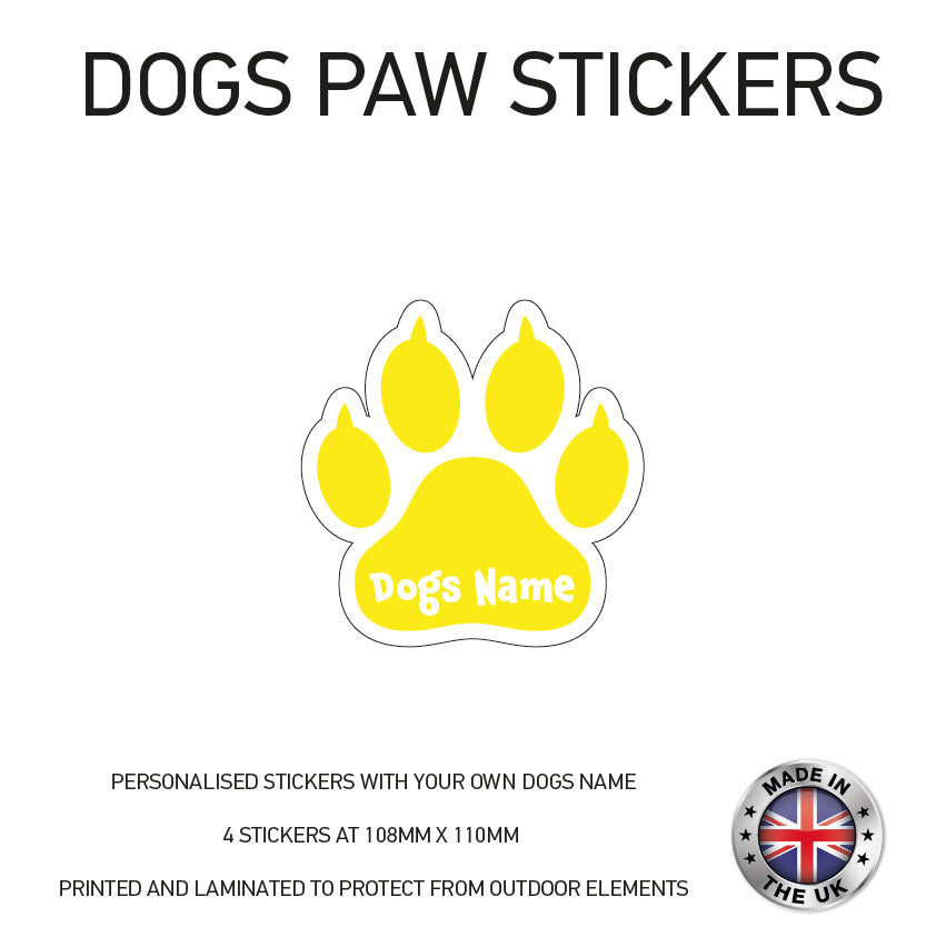 DPS02 4 x Personalised Paw Dog Name Stickers 108mm x 110mm