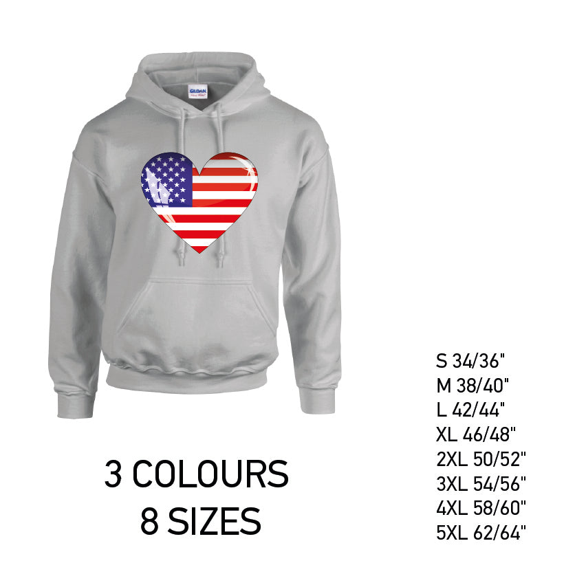 HD01 American Heart Unisex Cotton Hoodie 8 sizes 3 Colours Available Latex printed