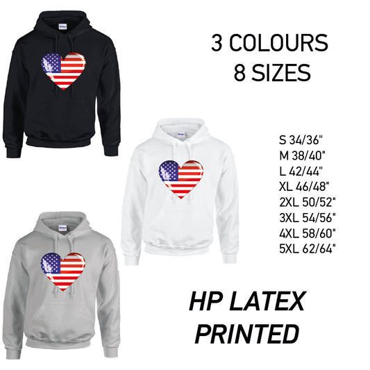 HD01 American Heart Unisex Cotton Hoodie 8 sizes 3 Colours Available Latex printed
