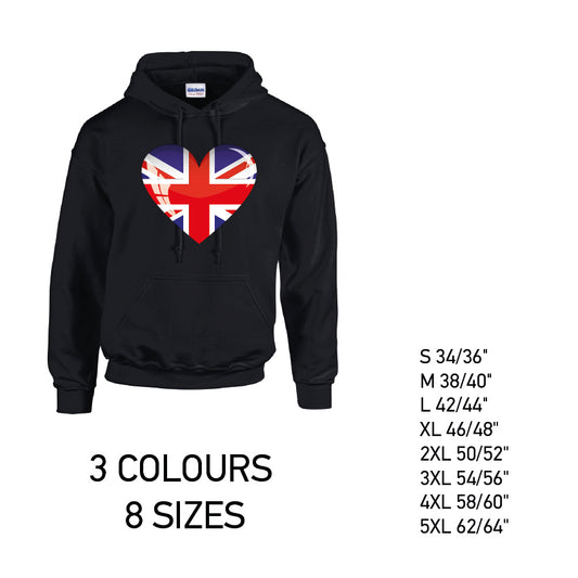 HD04 British Heart Unisex Cotton Hoodie 8 sizes 3 Colours Available Latex printed