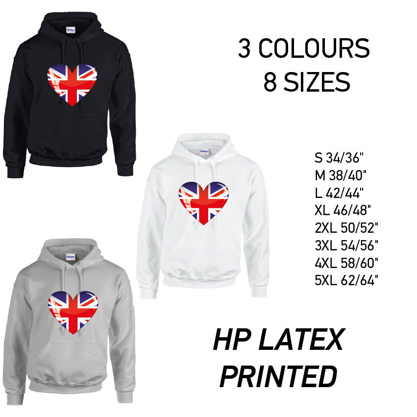 HD04 British Heart Unisex Cotton Hoodie 8 sizes 3 Colours Available Latex printed