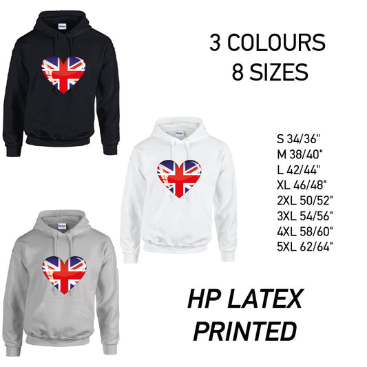 HD04 British Heart Unisex Cotton Hoodie 8 sizes 3 Colours Available Latex printed