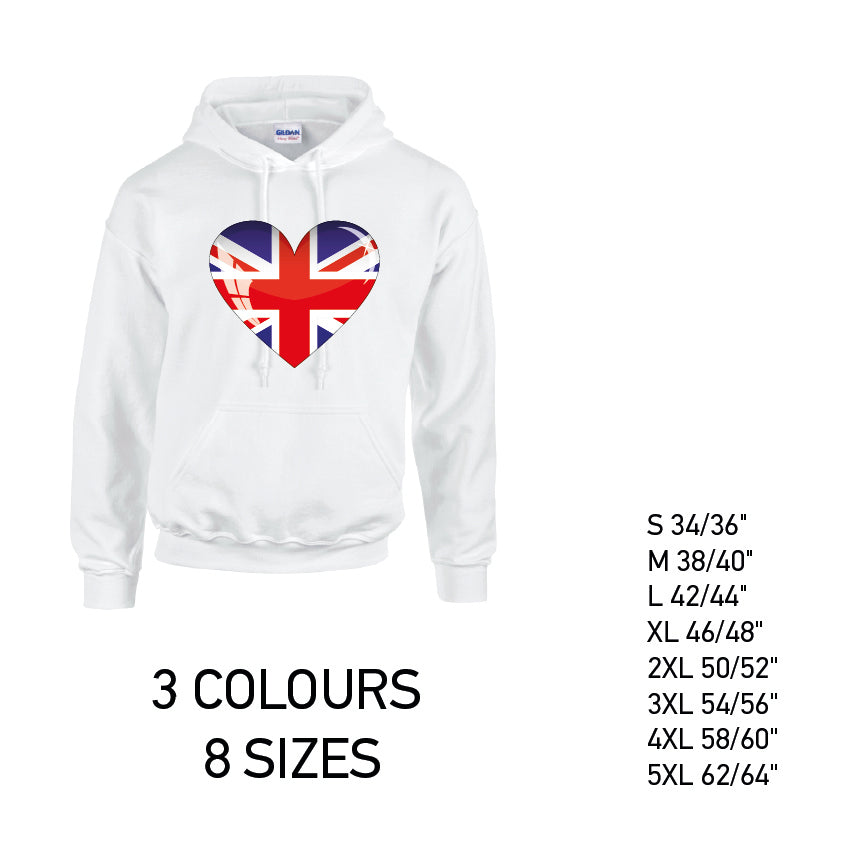 HD04 British Heart Unisex Cotton Hoodie 8 sizes 3 Colours Available Latex printed
