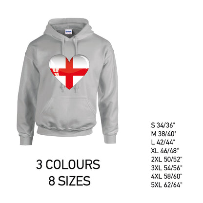 HD08 England Heart Unisex Cotton Hoodie 8 sizes 3 Colours Available Latex printed