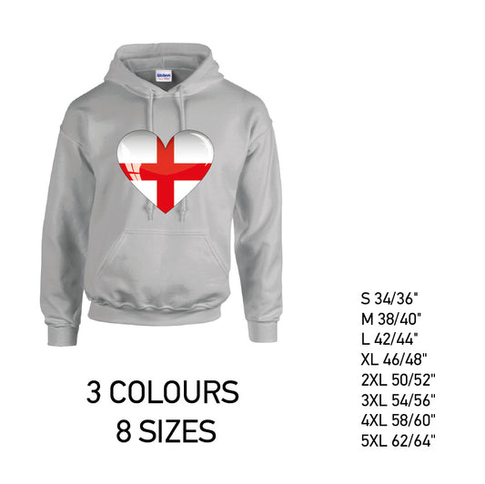 HD08 England Heart Unisex Cotton Hoodie 8 sizes 3 Colours Available Latex printed