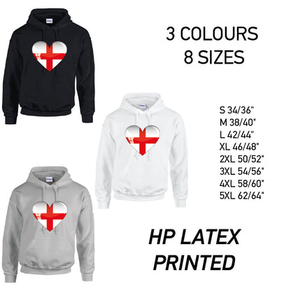 HD08 England Heart Unisex Cotton Hoodie 8 sizes 3 Colours Available Latex printed