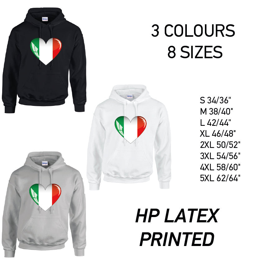 HD09 Italy Heart Unisex Cotton Hoodie 8 sizes 3 Colours Available Latex printed